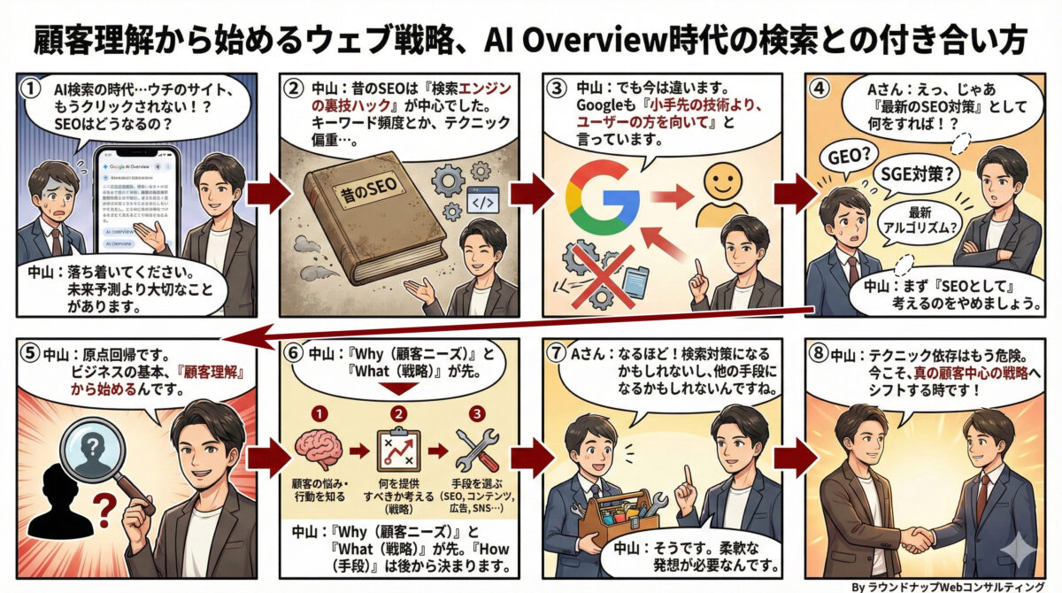 GoogleがAI OverviewやAIモードを出してきて、検索結果の中だけで答えが完結するケースも増えています。こうしたAI検索の時代に、中小企業として「SEO」や検索経由の集客をこれからどう考えればよいのでしょうか?