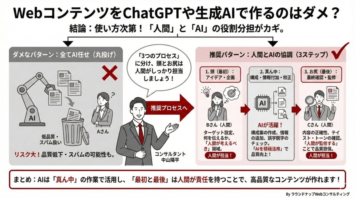 Webコンテンツ制作の流れを「企画」「構成・改善・校正」「最終チェック」の3段階に分け、最初と最後は人間が担当し真ん中で生成AIを活用するべきと説明する図解（中小企業の経営者・Web担当者向け）