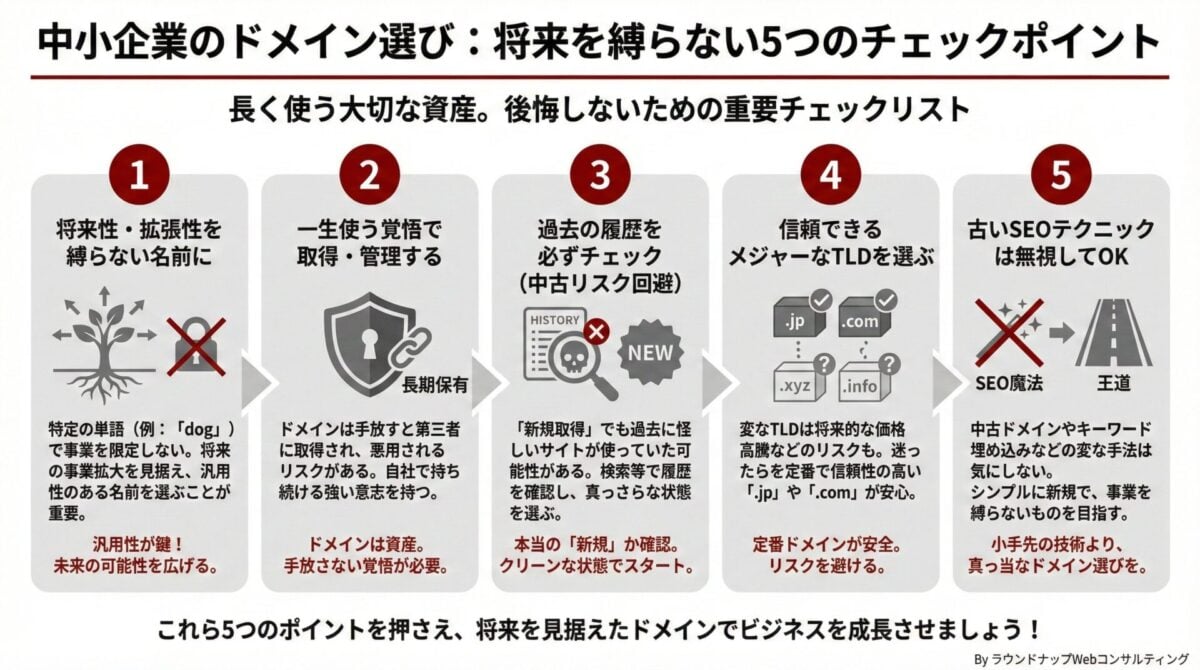 PQA000048-PQA000048 中小企業向けに、将来を縛らないドメイン選びのチェックポイントを説明する図解。