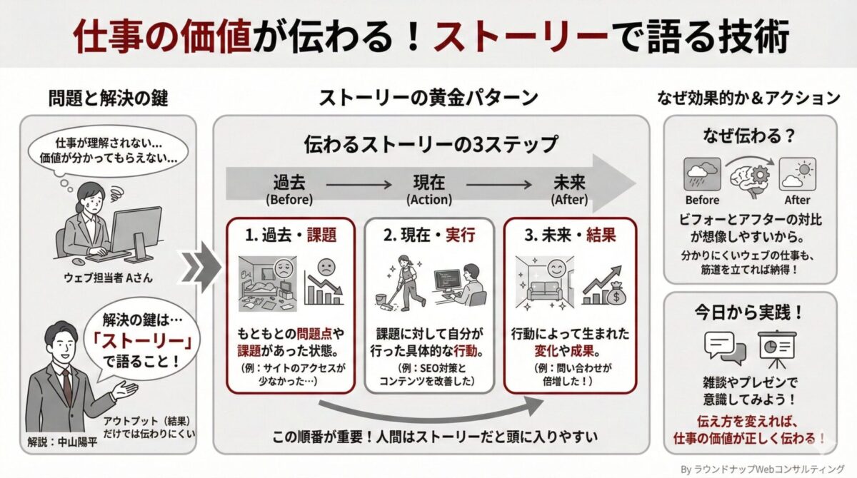 PQA000053-PQA000053 Web担当者が仕事の価値を上司や同僚に伝えるために、過去・現在・未来の流れでストーリーを話す考え方を説明した図です。