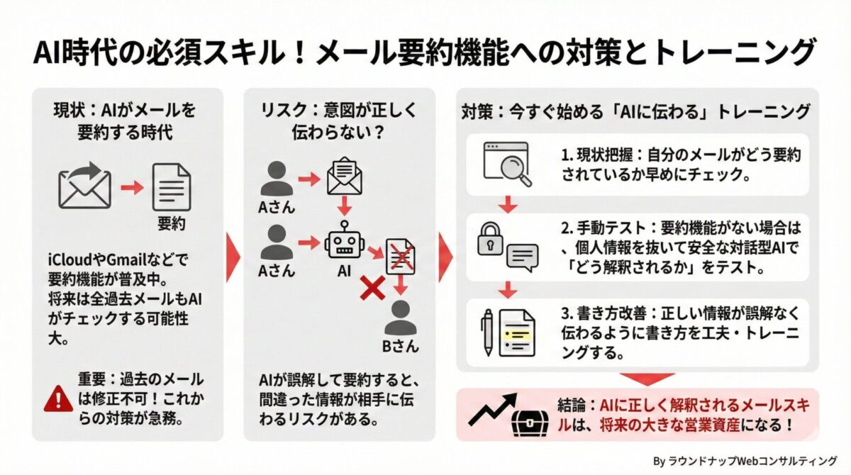 AIにメールを正しく要約させるための確認と書き方の工夫を説明する、中小企業のWeb担当者向け図解