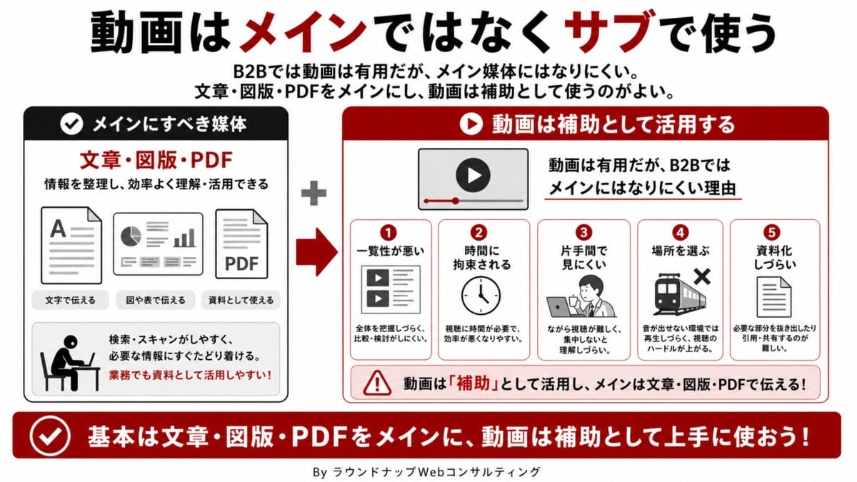 PQA000187-PQA000187 中小企業のWeb担当者向けに、動画はメインではなく補助として使う考え方を説明する図解