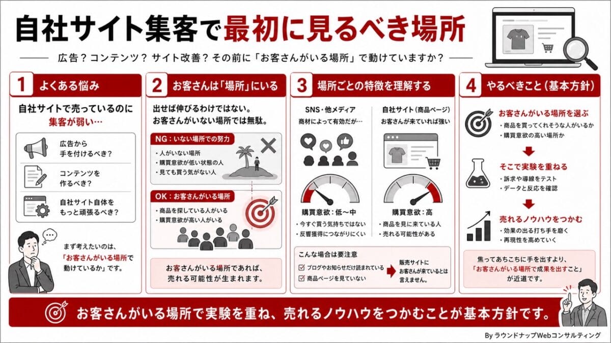 PQA000219-PQA000219 自社サイトの集客で、どこから見直すべきかを考える中小企業のWeb担当者向けの解説図です。