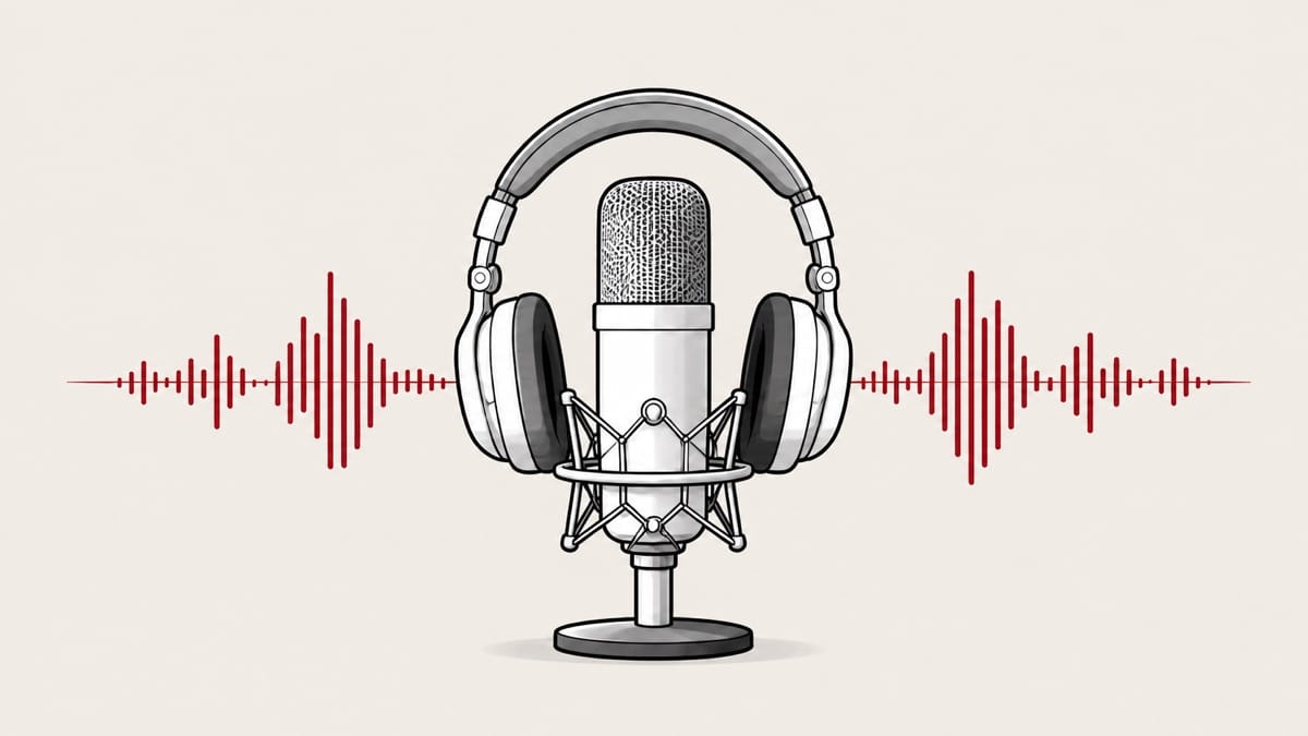 マイクと音声波形、移動中の聴取を示すPodcastの図解