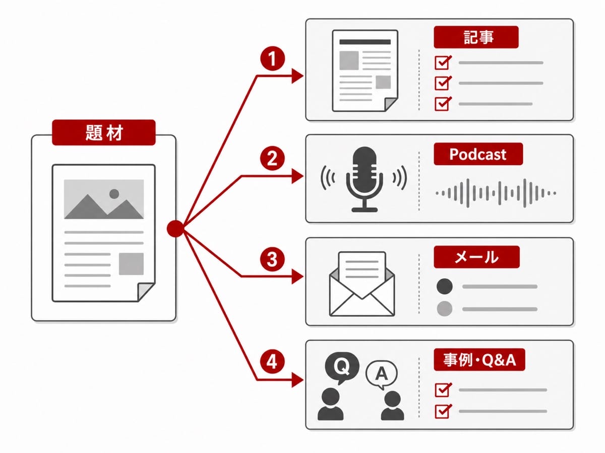 一つの題材を記事、Podcast、メール、事例やQ&Aへ展開する例を示す図