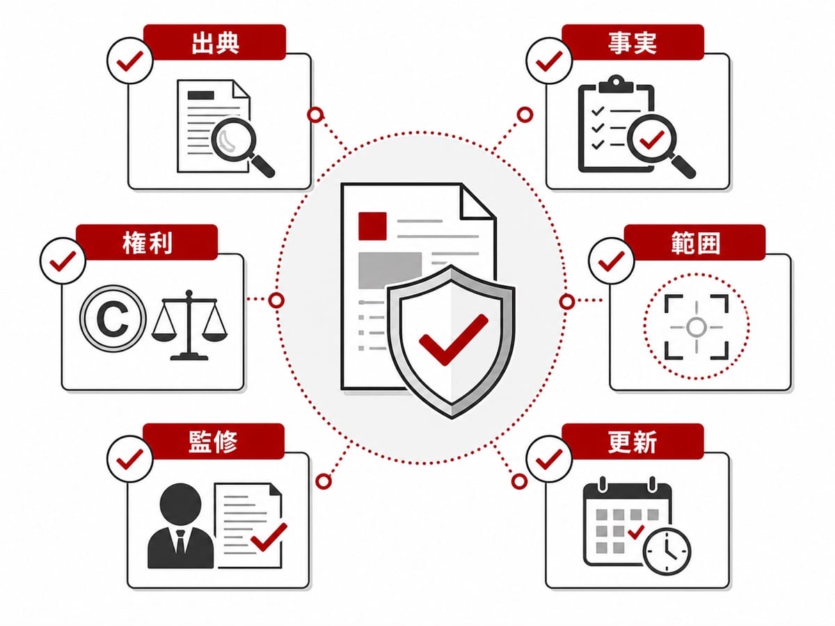 出典、事実、権利、対象範囲、監修、更新予定によってコンテンツの品質を守る図