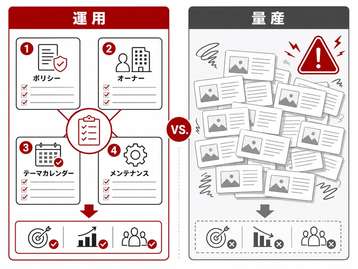 編集方針、担当者、テーマ、予定、保守を管理し、記事の量産を避けるオウンドメディア運用の図