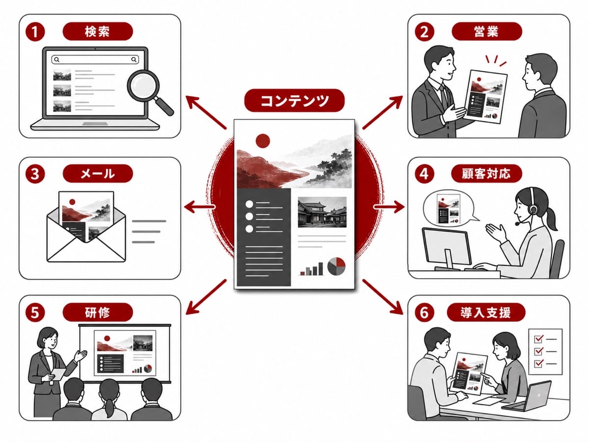 一つのコンテンツを検索、営業、顧客対応、メール、研修、導入支援で活用する図
