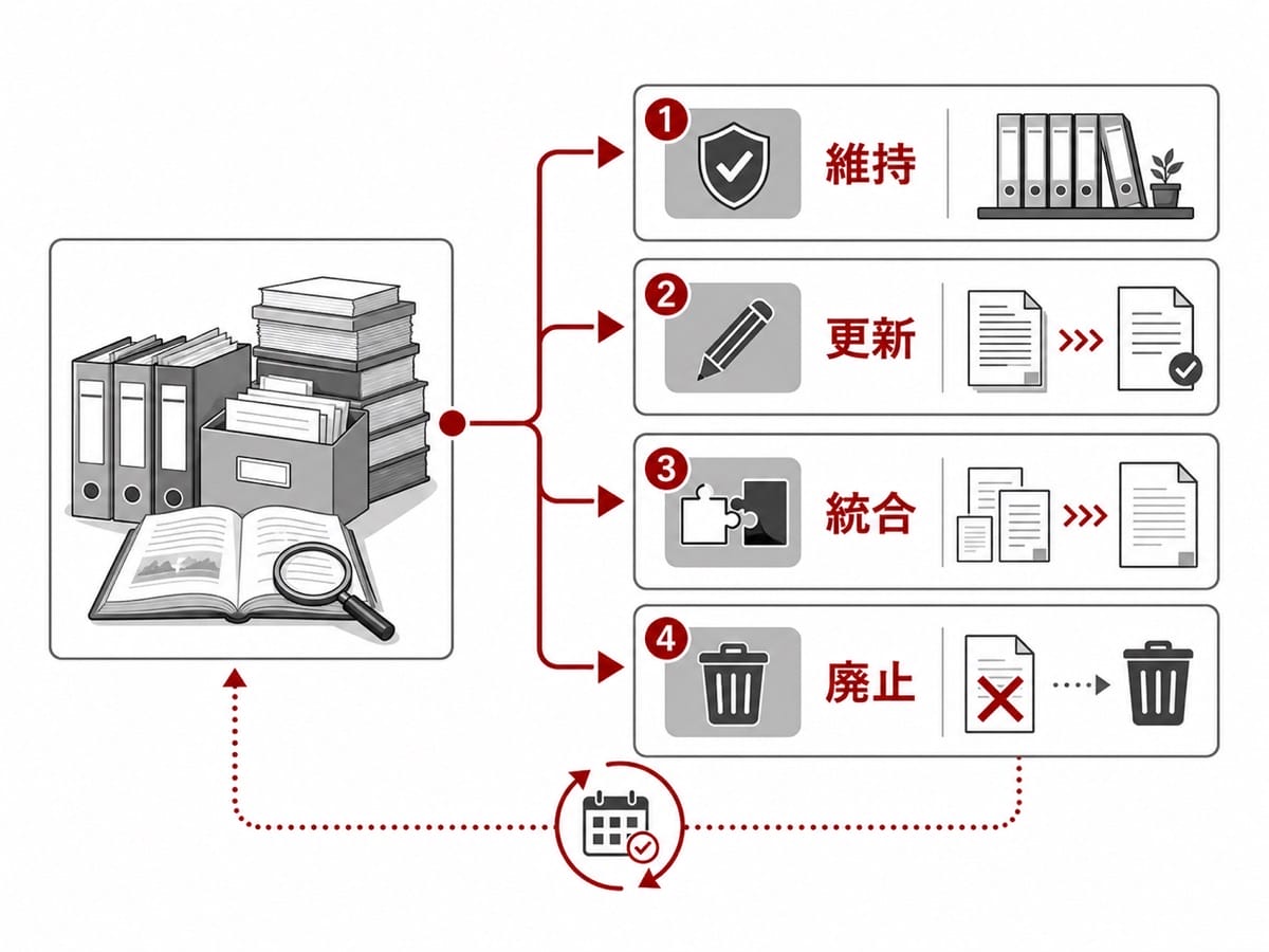 コンテンツを維持、更新、統合、廃止の四つに分けて手入れする図